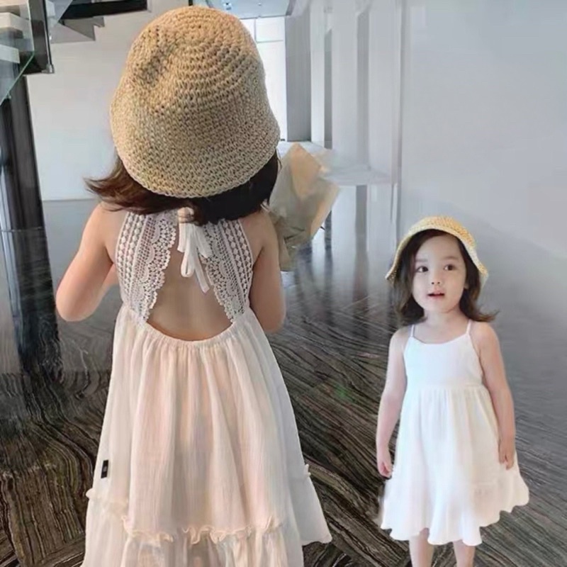 Maxi đi biển 2 dây phối ren cho bé gái.