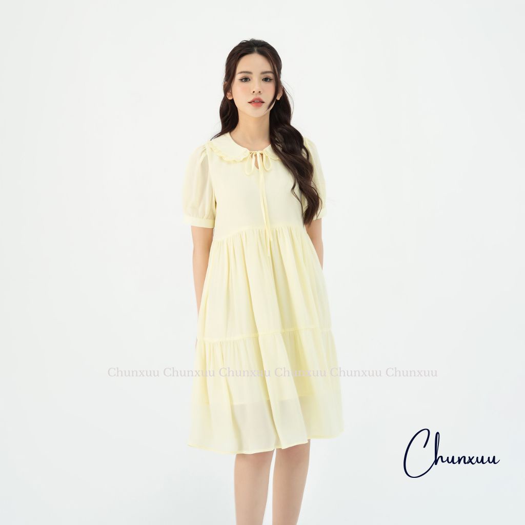 Váy nữ cổ bèo babydoll phối nơ có lót lụa dáng xòe nhẹ thiết kế trẻ trung chất tơ cao cấp ChunXuu V18