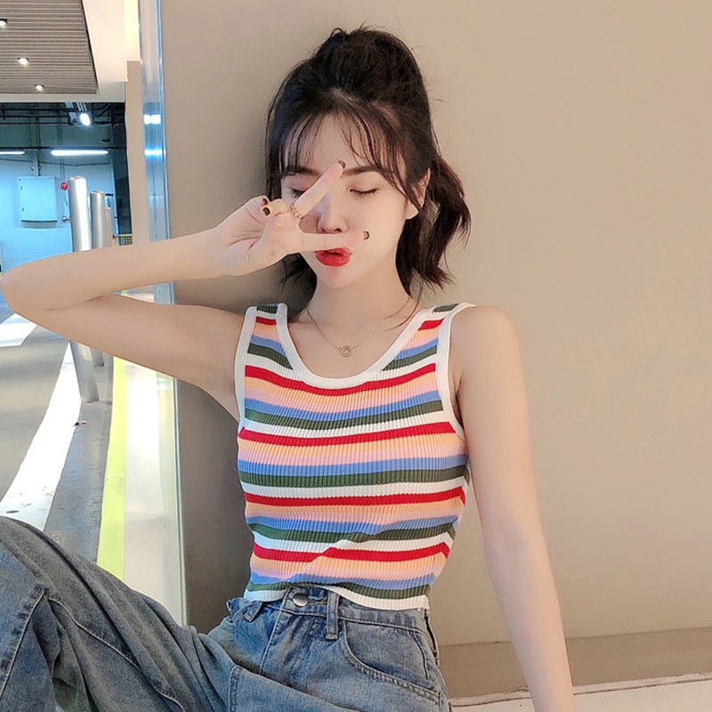 Áo Len Không Tay Màu Sắc Cầu Vồng Phong Cách Thời Trang Hàn Quốc Dành Cho Nữ