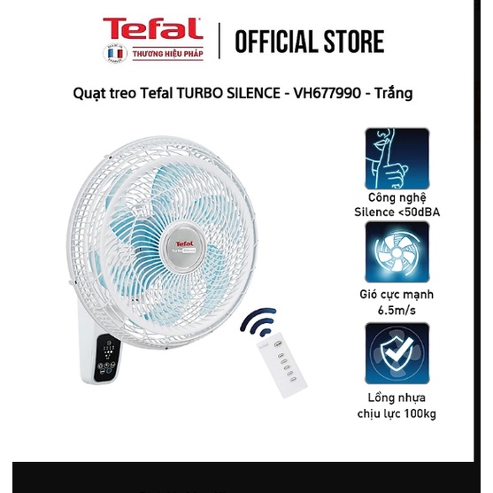 Quạt treo tường có điều khiển từ xa Tefal Turbo Silence VH677990 màu trắng- Hàng chính hãng