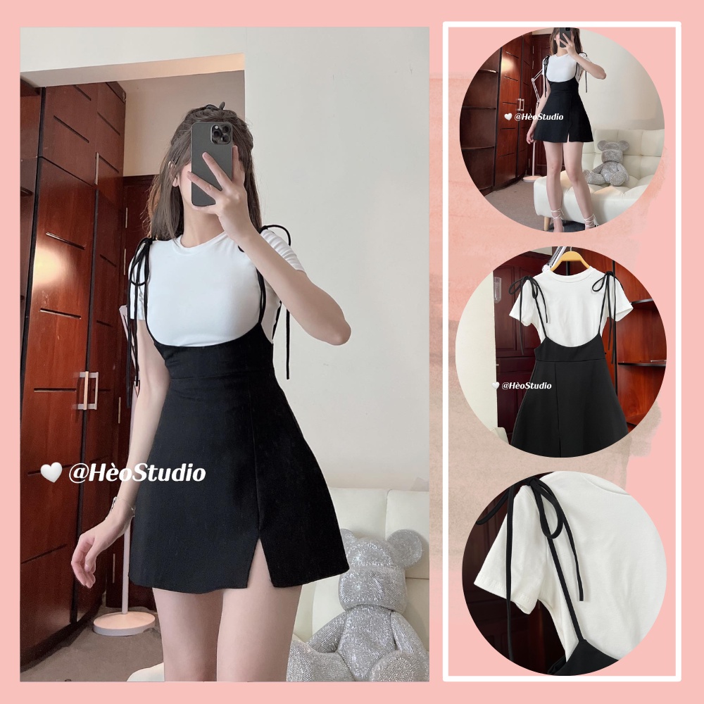 (Ảnh + Video Thật) Set Đầm Yếm Cột Nơ Kèm Áo Thun Hèo Studio