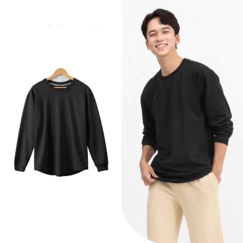 Áo sweater basic vạt bầu trơn, áo thun dài tay nam nữ cao cấp trơn cổ tròn