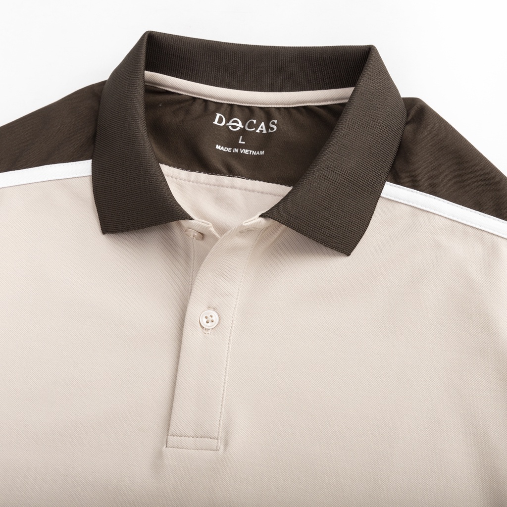 PO008-1 Áo Polo Nam Docas Vải Cotton CMC Màu Be Cổ Vai Phối Nâu Phom Regular Fit
