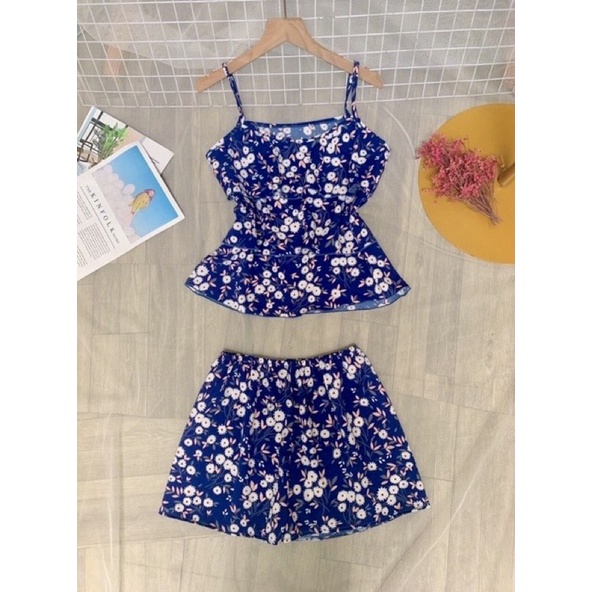 Đồ bộ voan lụa 2 dây tầng mặc nhà dễ thương