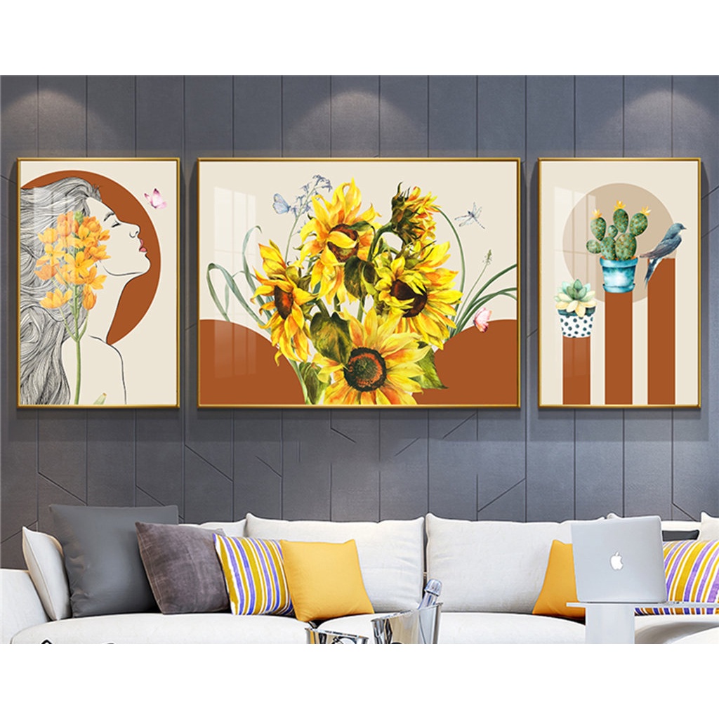 Khổ lớn 160 - 60 cm Bộ 3 Tranh Treo Tường Canvas CAO CẤP Hoa Cúc Hoa Hướng Dương Cô Gái Nghệ Thuật Kiểu Mới -Melyhome