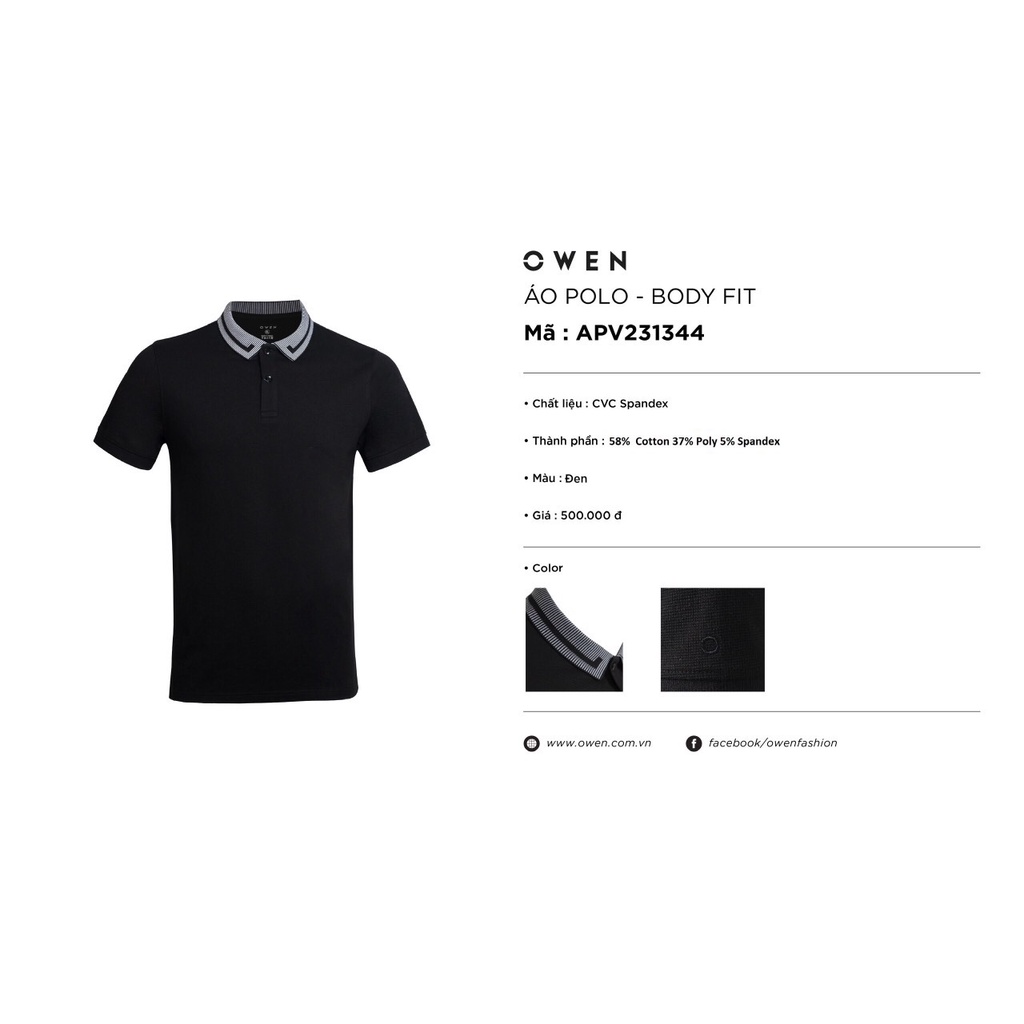 Áo polo owen màu đen body fit vải cotton APV231344