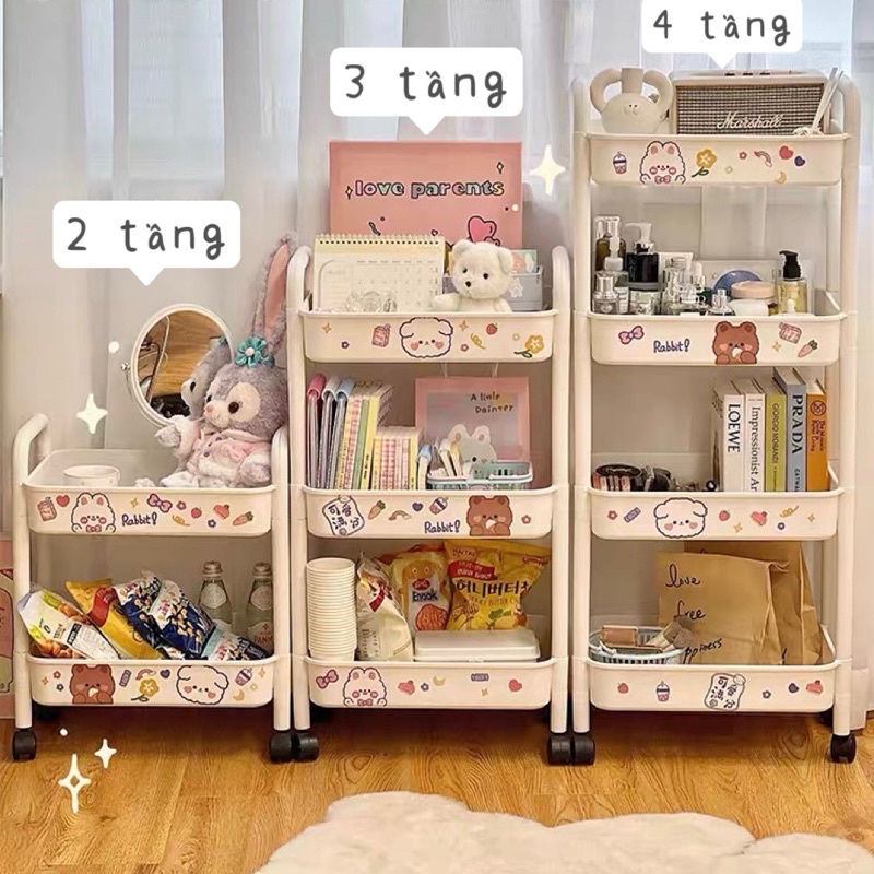 Kệ Đựng Đồ Đa Năng Giỏ Để Đồ 3 Tầng 4 Tầng Có Bánh Xe Di Chuyển Tặng Kèm Sticker Dễ Thương