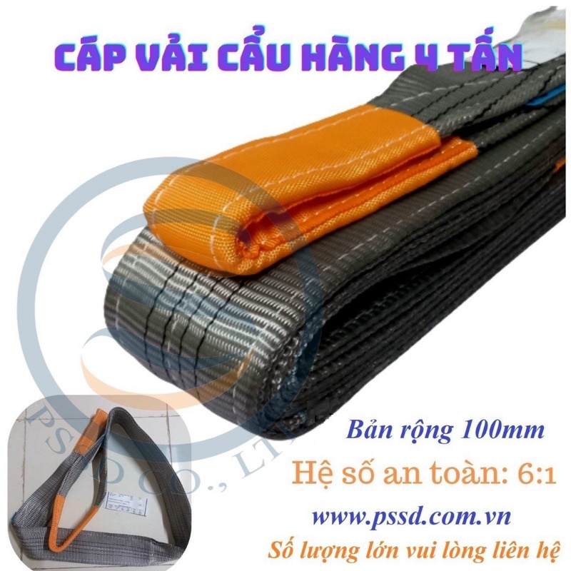 Cáp vải cẩu hàng dẹt hai đầu mắt 4 tấn hệ số 6:1 tiêu chuẩn cao.