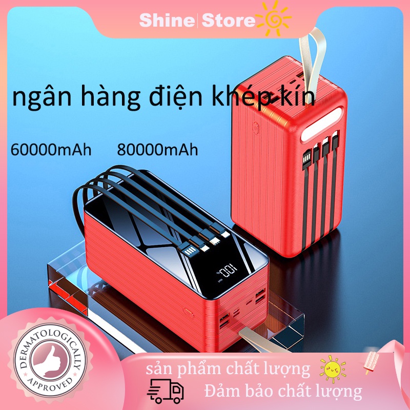 Pin cục sạc dự phòng 60000/80000mah, Tích Hợp 4 Dây Cáp Power bank với ánh sáng dẫn pin du phòng siêu khủng giá rẻ