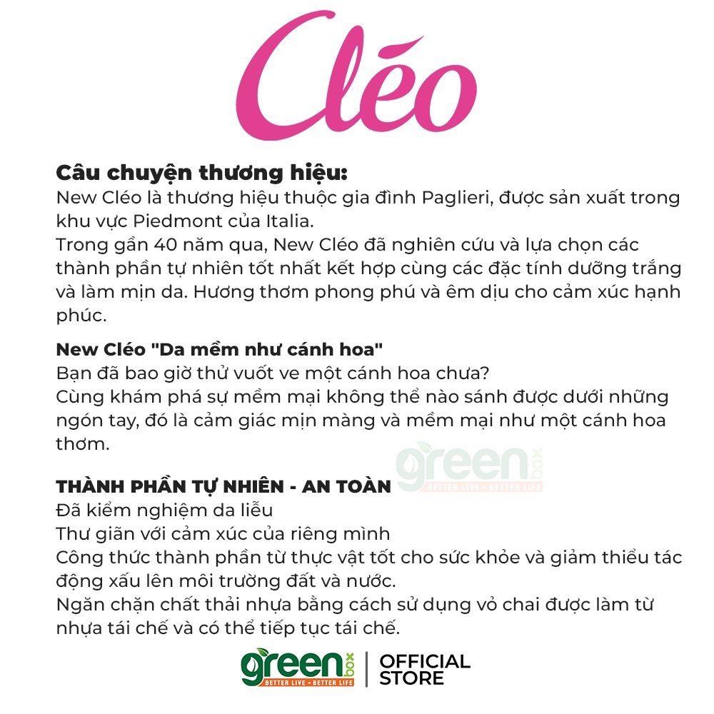 Sữa tắm hương nước hoa dưỡng ẩm thư giãn New Cleo 400ml chiết xuất diên vĩ và mật ong, dưỡng ẩm thư giãn