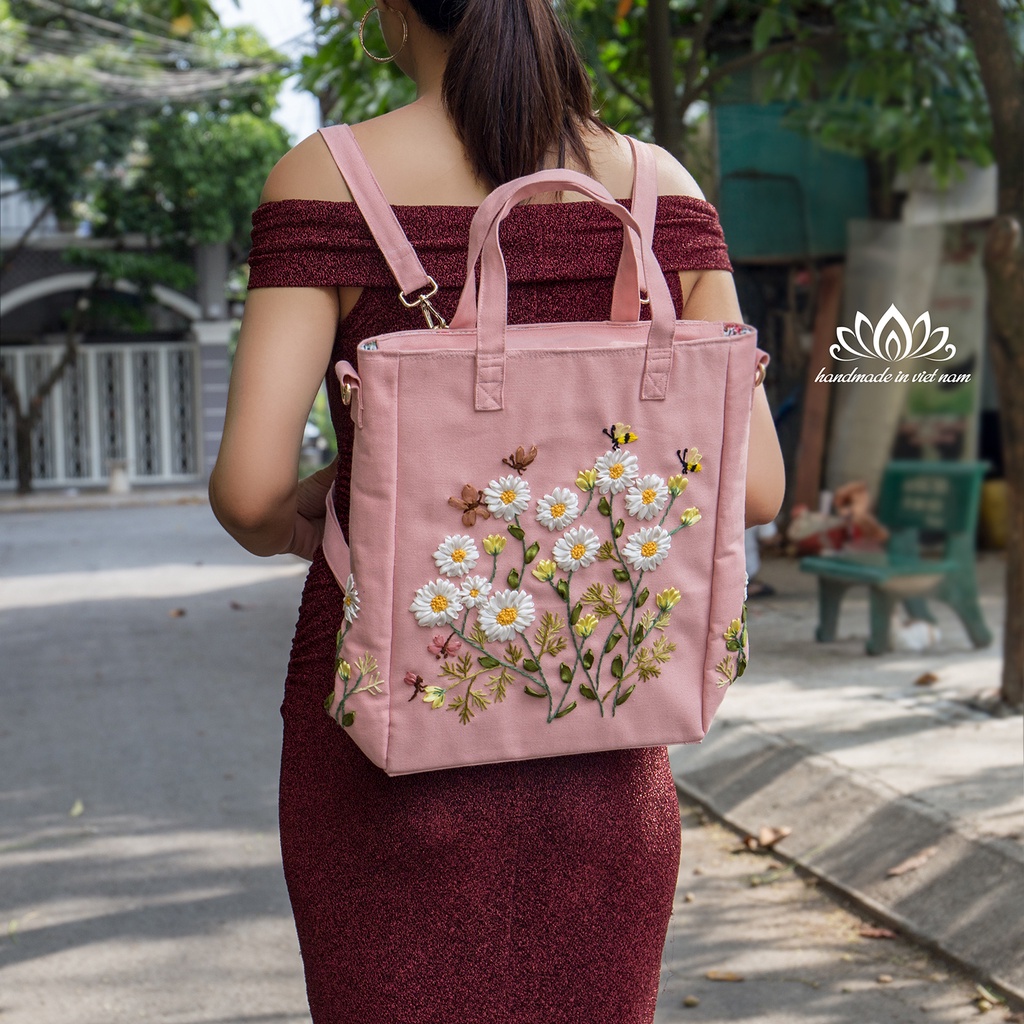 Túi bala laptop, balo handmade, balo thêu túi đã chức năng thêu hoa nổi