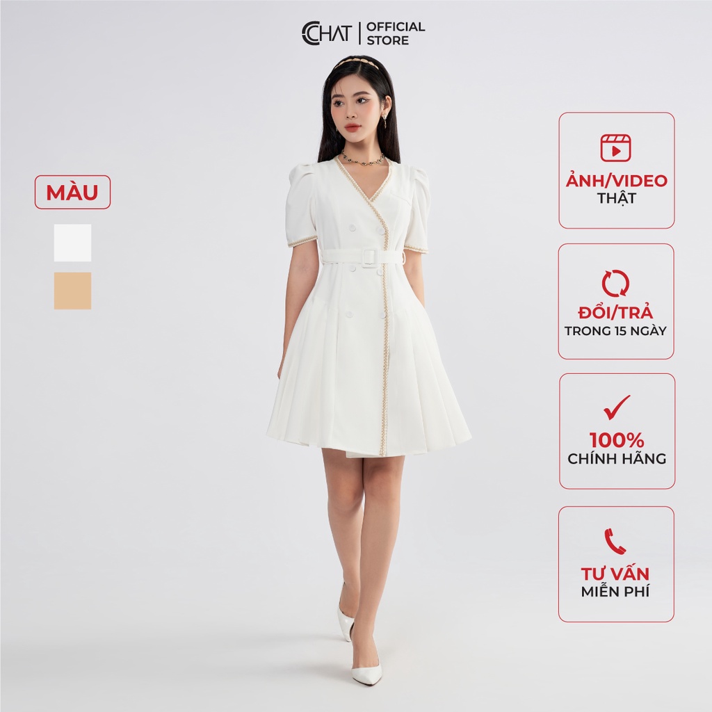 Đầm Nữ 𝐂𝐂𝐇𝐀𝐓 Kiểu Cổ V Đè Dây Thân Trước Dáng Xòe Chất Tuytsi Cao Cấp 62VNS2034XT