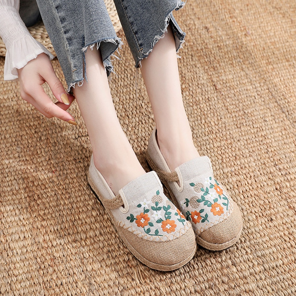 Thonglor Shoe Giày bít mũi bằng vải lanh có ống hút Phẳng thoáng khí Mềm nhẹ nữ thêu hàng ngày run 2 u