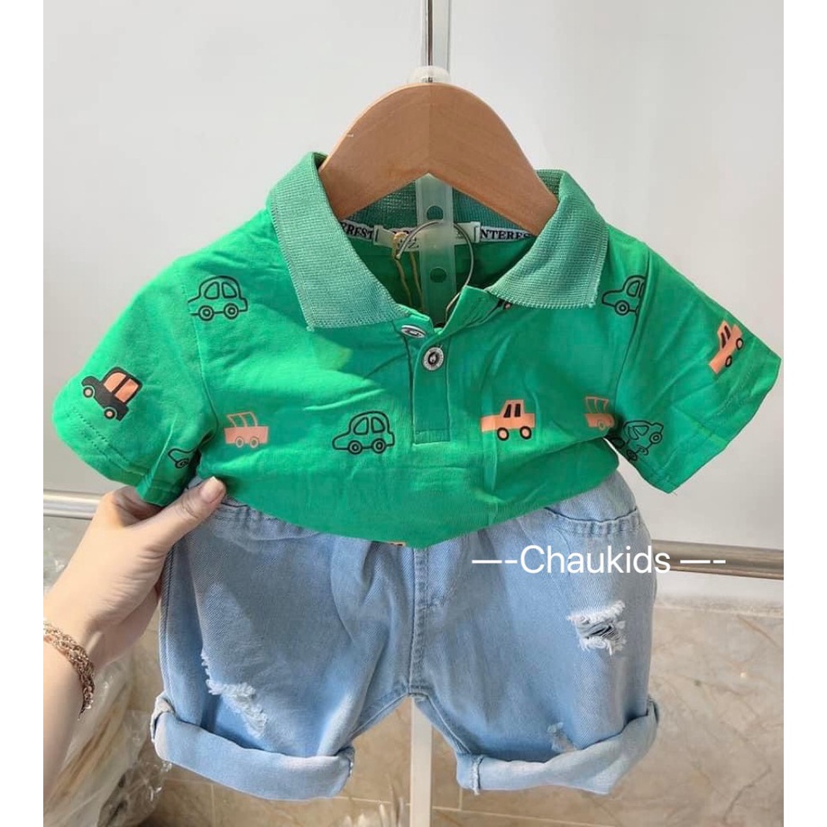 Set Bộ Polo Cho Bé Trai Chất Liệu Cotton-Jean Cao Cấp In Hình Dễ Thương Bé Diện Xuân Hè - CAFE_BABY050