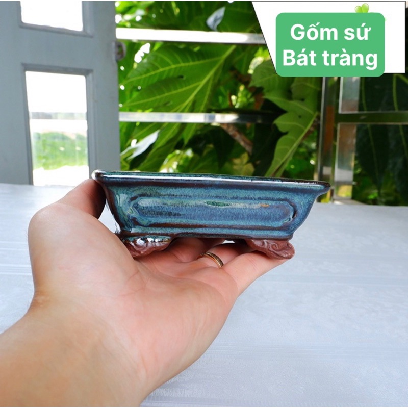 Chậu chữ Nhật men xanh gốm bát tràng sen đá