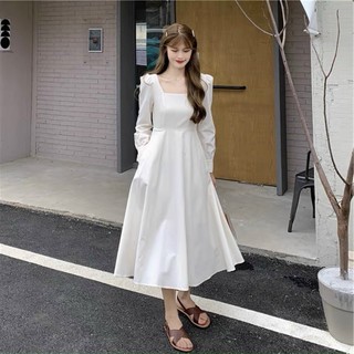 Đầm cổ vuông basic tay dài 2 màu (kèm hình thật)
