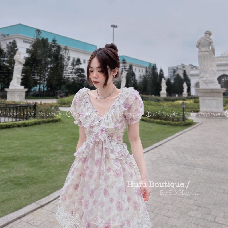 Váy hoa tím mộng mơ cổ v phối ren hàng QUẢNG CHÂU