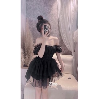 Váy tơ chấm bi xòe tầng