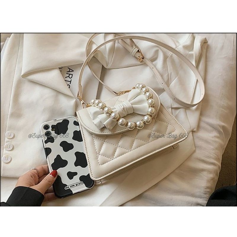 Túi Đeo Chéo Nữ Đẹp 2 Size, Túi Đeo Vai Đính Nơ Quai Ngọc Hottrend 100