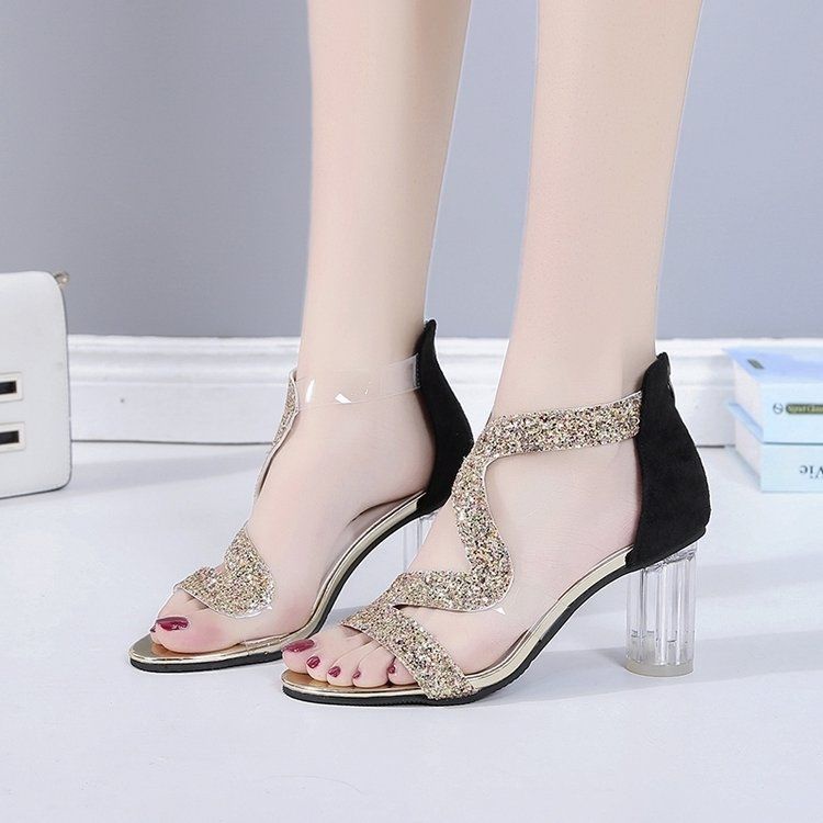 Giày Sandal Cao Gót Đế Dày Đính Kim Sa Lấp Lánh Phong Cách Âu Mỹ Thời Trang Mùa Hè 202 Cho Nữ