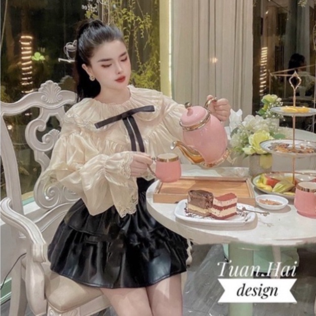 Áo sơ mi tơ 2 lớp phối nơ nội y xanh - chất mát - Áo kiểu mặc dạo phố, đi biển - Nữ Tay Phồng Buộc Dây tiểu thư