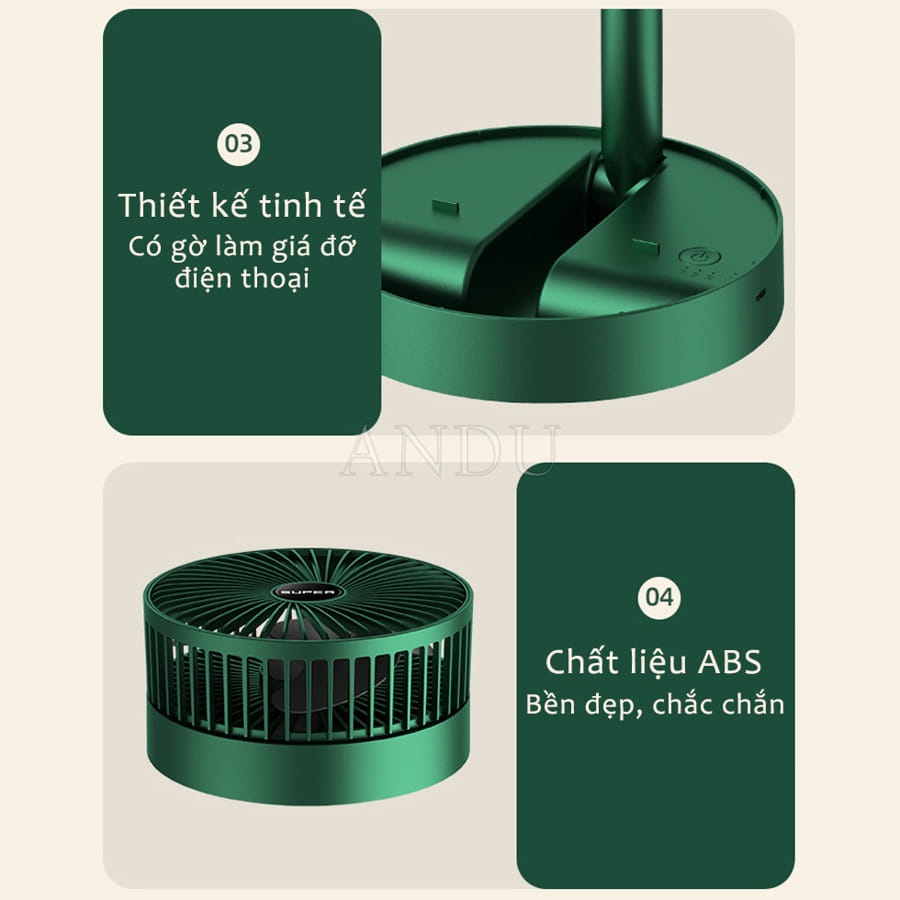 Quạt Tích Điện Gấp Gọn  - Quạt Tích Điện Mini Để Bàn Super Có Thể Điều Chỉnh Độ Cao , 3 Tốc Độ Gió, Cổng Sạc USB Xoay