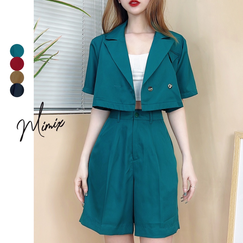 Set bộ nữ trơn áo vest tay lỡ kèm quần short MIMIX CU3195