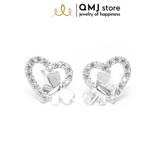 Bông tai bạc qmj tim nơ xinh xắn, nạm đá, thiết kế tinh tế - q199