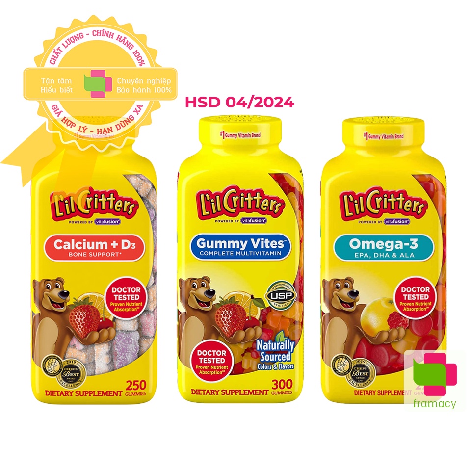 Kẹo dẻo Gấu L'il Critters Gummy Vites (300v), Omega 3 (220v), Calcium D3 (250v), Mỹ nhiều dinh dưỡng cho trẻ từ 2 tuổi