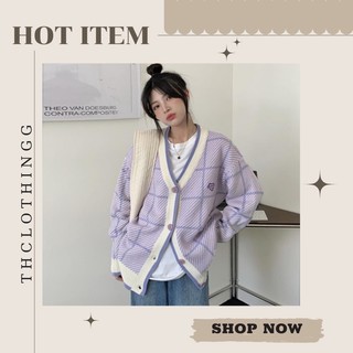 Áo cadigan kẻ tím xanh, áo len cổ V chất dày dặn form to dáng rộng, áo cardigan len nữ màu tím pastel