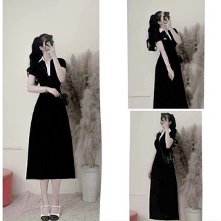 Váy maxi polo đen phối cổ trắng
