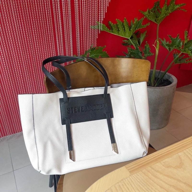 TNS - Túi tote da thật big size  Steven Maden shopper bag- -trắng đen sang chảnh
