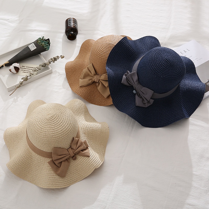 Mũ cói phối nơ vành lượn xòe chống nắng thời trang Hàn Quốc đi biển mùa hè NC5 - Happy Style