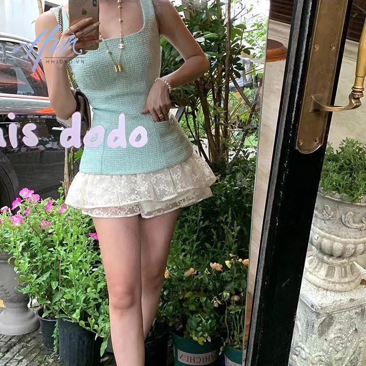 Đầm Nữ Không Tay Màu Trắng Xanh Lá Phong Cách Hàn Quốc Mới
