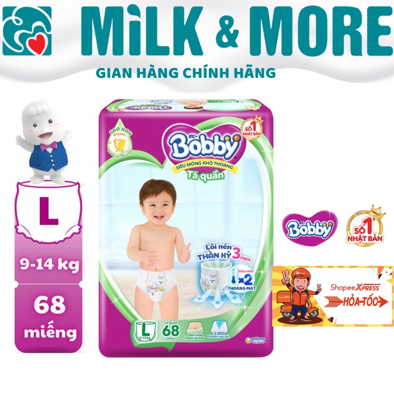 Tã bỉm quần Bobby Lõi nén thần kỳ size L68 (9-14kg)