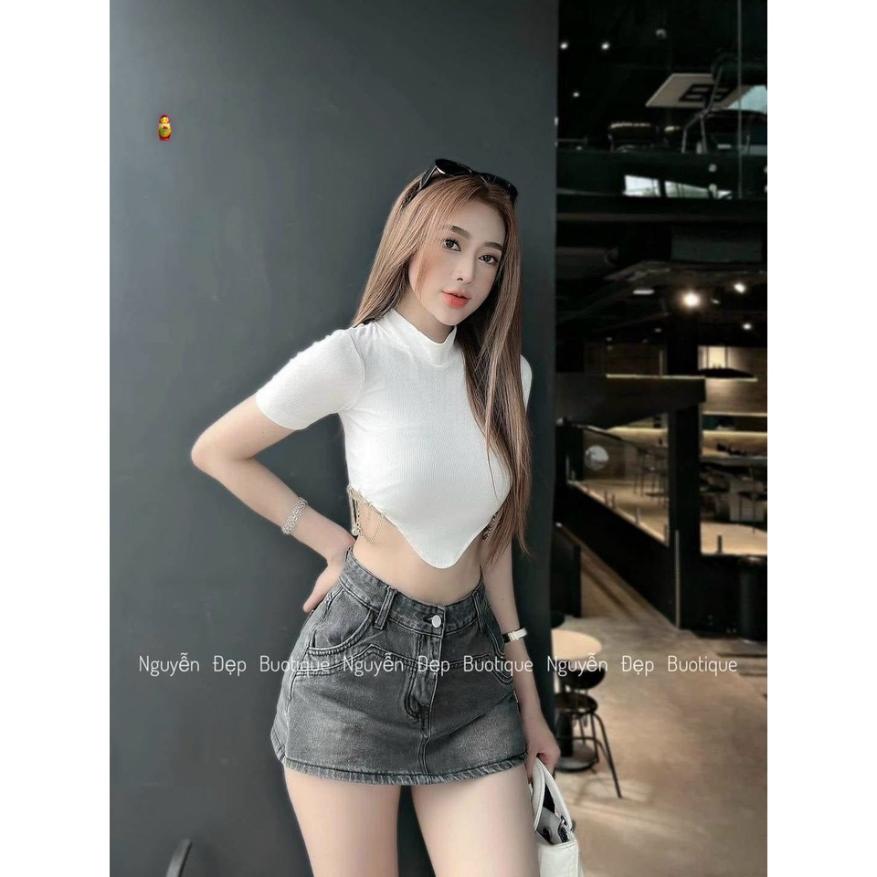 áo croptop cổ cao vạt nhọn phối 2 xích 2 bên eo tôn dáng chất thun bozip