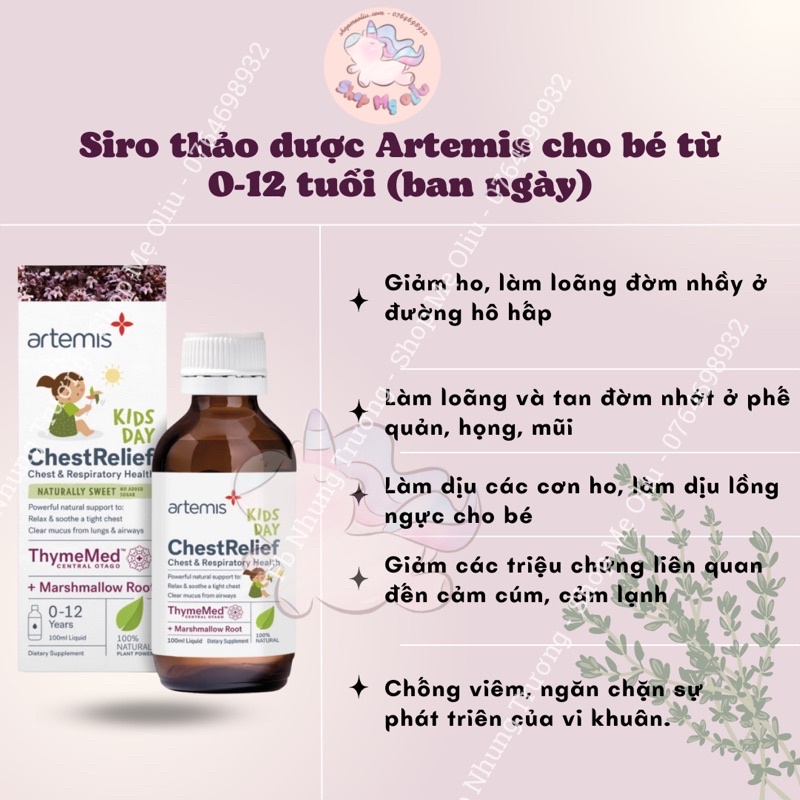 Siro thảo dược Artemis Kid Chest Relief Day/ Night cho bé từ 0-12 tuổi