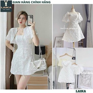 Set váy gấm xốp 2 dây kèm áo khoác ngoài croptop tay bồng, Đầm gấm trắng thiết kê dự tiệc siêu sang chảnh hot - LAIKA