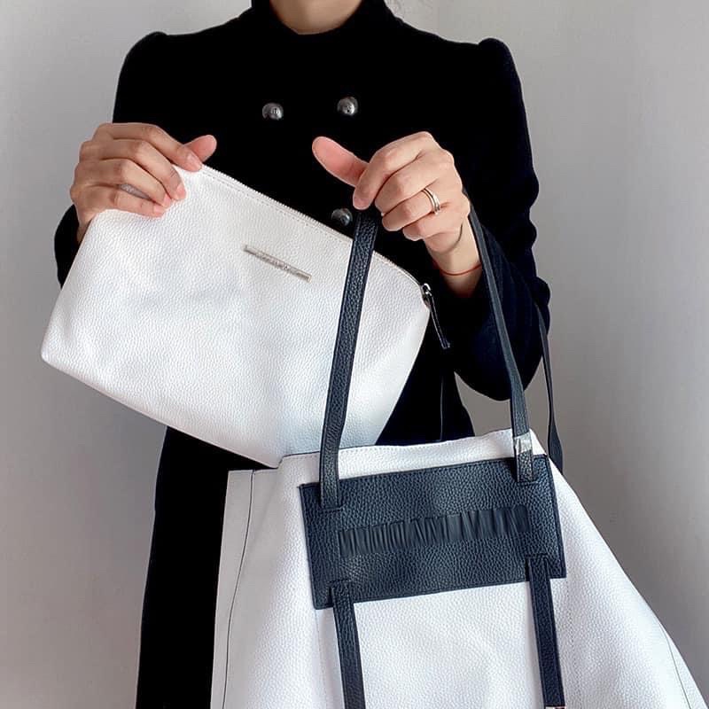 TNS - Túi tote da thật big size  Steven Maden shopper bag- -trắng đen sang chảnh