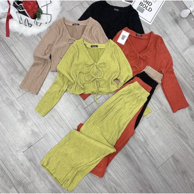 Set Bộ Thun Xốp Nhăn Thắt Cột Nơ Ngực Kèm Quần Xuông