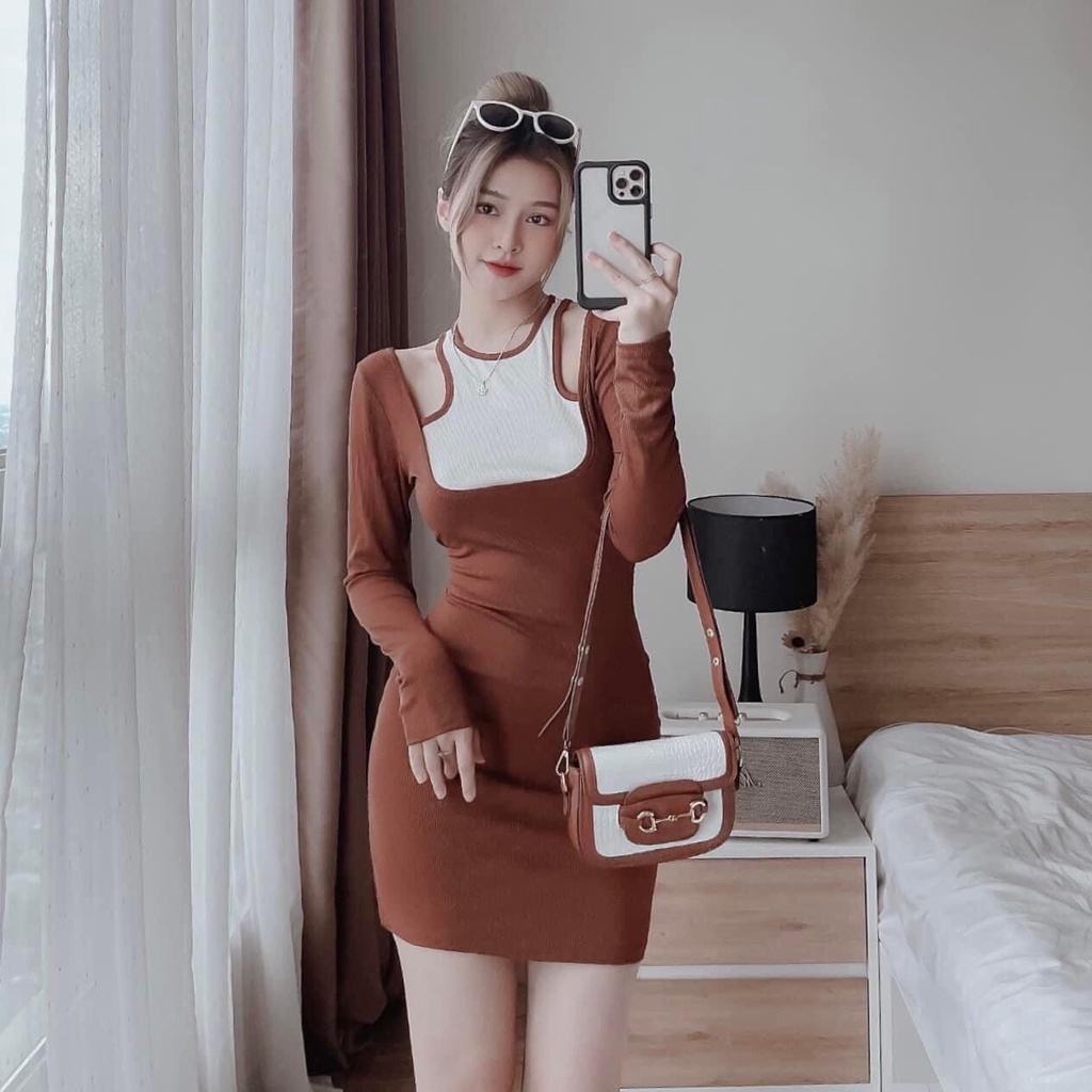 [3.3 Sales Freeship] Đầm thun ôm body phối màu cổ áo yếm, đầm thun tay dài hở vai dáng ngắn đi chơi dễ thương