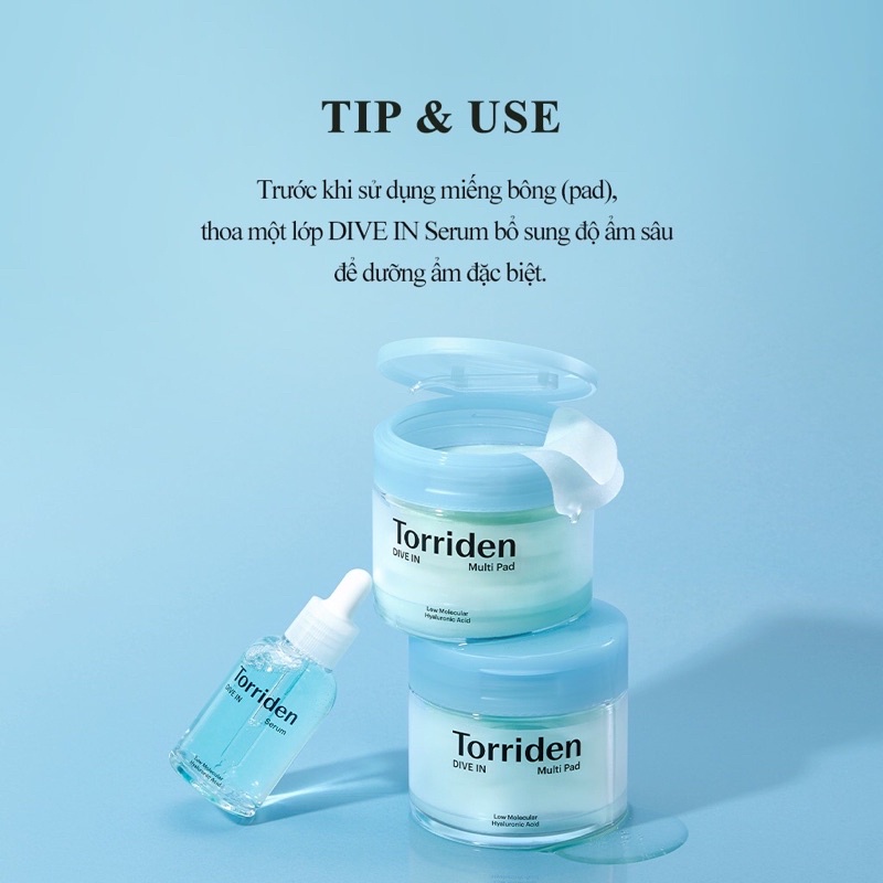 Túi 10ae dùng thử Torriden DIVE IN Low Molecular Hyaluronic Acid Multi Pad  giảm mẩn đỏ,tẩy tế bào chết