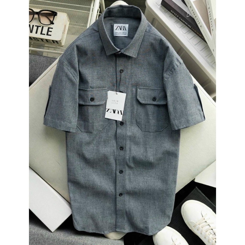 SƠMI KAKI TÚI HỘP CỘC TAY ZARA VẢI DƯ VNXK DÁNG SUÔNG