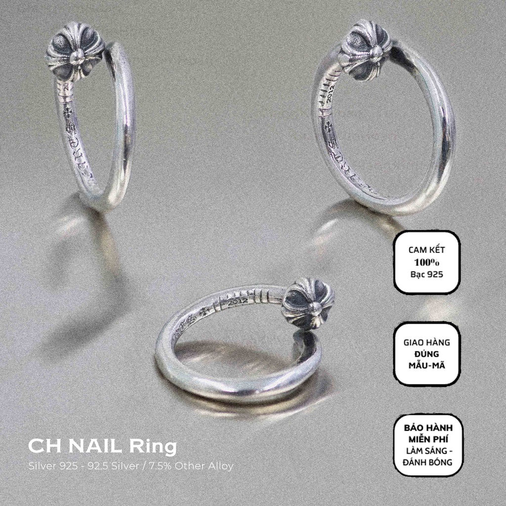 Nhẫn nam nữ bạc 925 ChormHearts đinh phong cách cá tính, Nhẫn bạc nam nữ CH đinh sang trọng và tỏa sáng