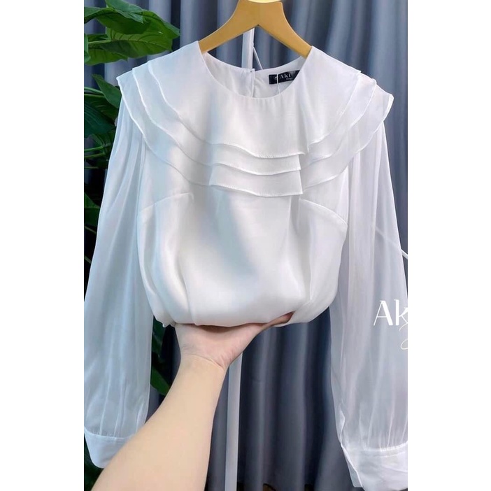 Áo sơ mi tơ trơn cổ sen 3 tầng