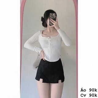 Set Váy xẻ 2 bên + áo gân gài nút tay dài trắng