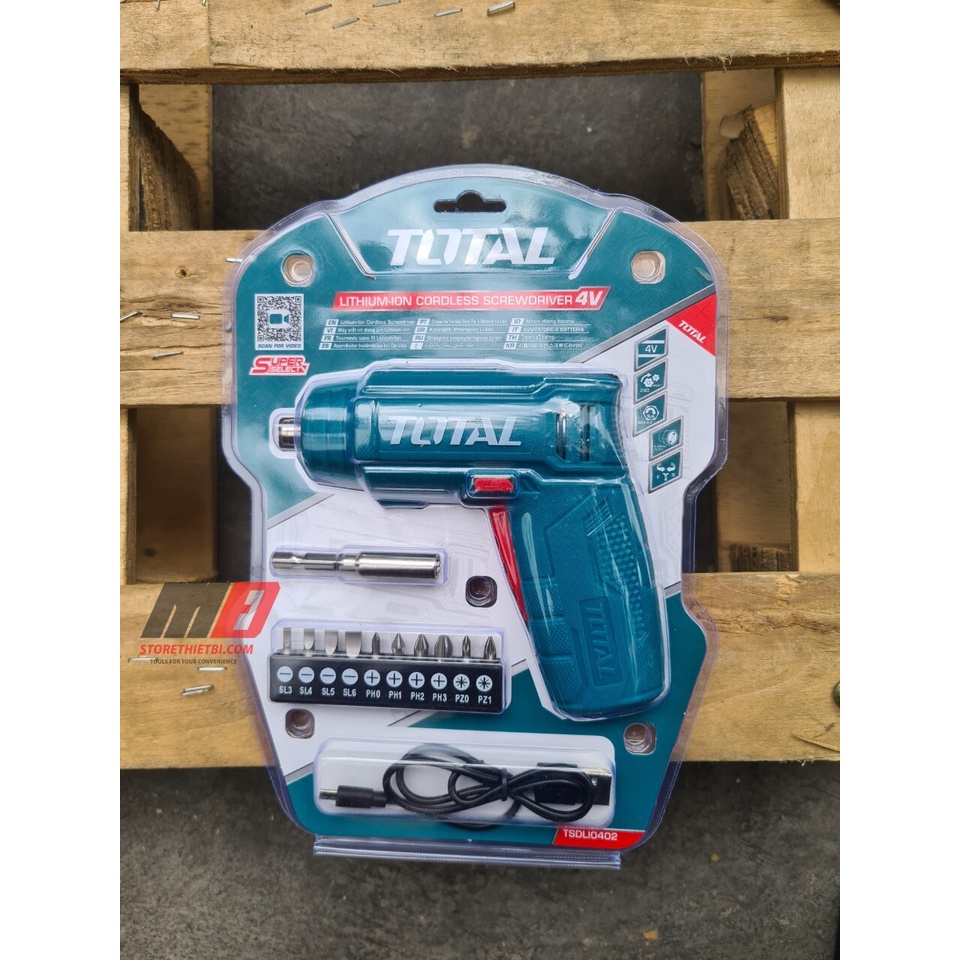 Máy siết vít dùng pin 4V 10 chi tiết TOTAL Tặng Kèm theo 1 dây sạc USB Điện thế 4V TSDLI0402