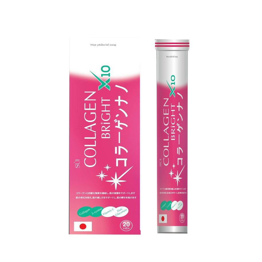 Sủi Collagen bright x10 nhung hươu, lựu đỏ, cam vàng giúp trắng sáng da toàn thân, mịn màng - 20 viên