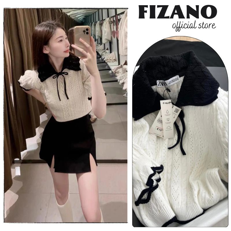 Áo nữ áo len dệt zr cổ nơ đen trắng dáng tiểu thư siêu xinh vải mềm mát mịn Fizano