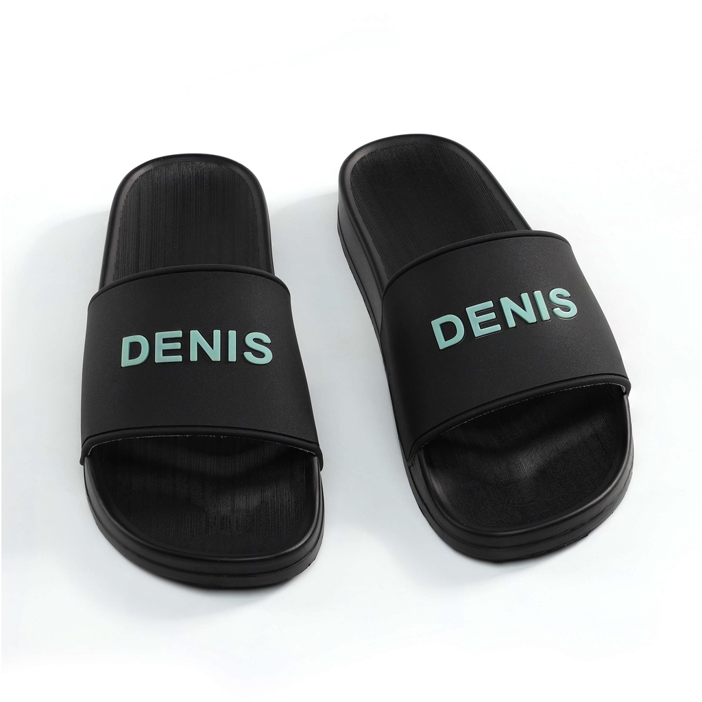 Dép quai ngang Denis DN12Unisex Slipper màu đen chữ xanh Ngoài trời